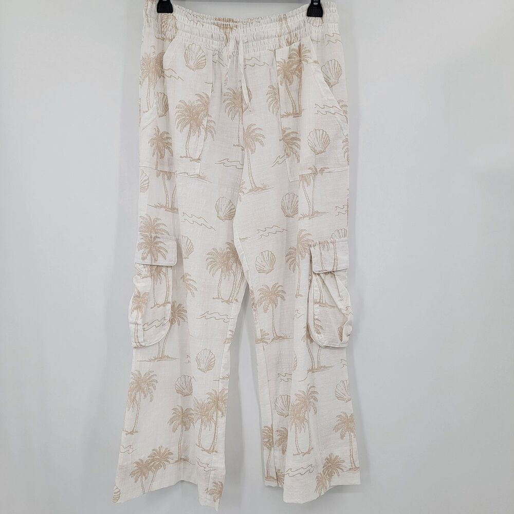 Ocean Drive Womens M White/Tan Wide Leg Gusset Pockets Cotton Pull-on Pants
